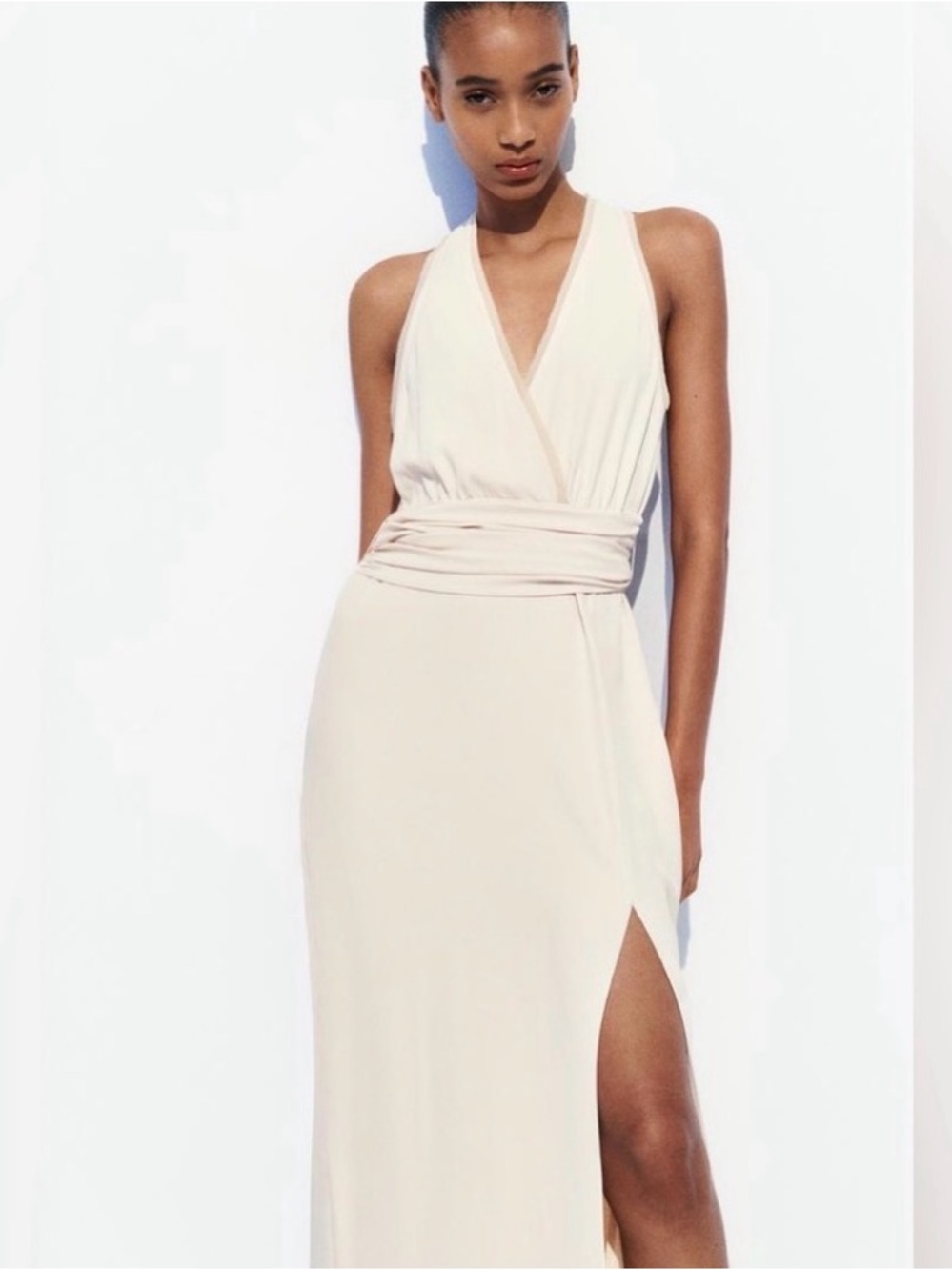 Zara Elegant Cream Long Dress with Side Slit